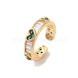 Brass Micro Pave Cubic Zirconia Open Cuff Rings, Heart, Green, Inner Diameter: 16.2mm(RJEW-K263-14G-01)