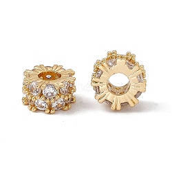 Brass Micro Pave Clear Cubic Zirconia Beads, Flat Round, Real 18K Gold Plated, 9.3x5mm, Hole: 3.7mm(KK-E068-VC088)
