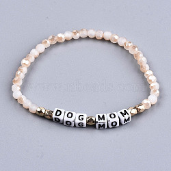 Faceted Round Glass Beads Stretch Bracelets, with Cube Acrylic Letter Beads, Word Dog Mom, Blanched Almond, Inner Diameter: 2-1/8 inch(5.3cm)(BJEW-T016-06A)