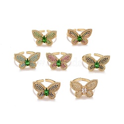 Cubic Zirconia Butterfly Open Cuff Ring, Real 18K Gold Plated Brass Jewelry for Women, Cadmium Free & Lead Free, Mixed Color, Inner Diameter: 17.5~18.5mm(RJEW-G251-06G)