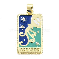 Rack Plating Brass Micro Pave Clear Cubic Zirconia Pendants, with Enamel, Cadmium Free & Lead Free, Real 18K Gold Plated, Rectangle with Constellations Charm, Aquarius, 27x15x2mm, Hole: 3.5x6mm(KK-S371-02G-06)