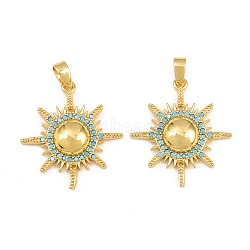 Brass Micro Pave Sky Blue Cubic Zirconia Pendants, Sun Charms, Real 18K Gold Plated, 24x21x4mm, Hole: 5x3mm(CU-CBAA571-09G)