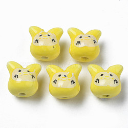 Handmade Porcelain Beads, Famille Rose Style, Cat, Yellow, 11.5x12x10.5mm, Hole: 2mm(PORC-T007-04P)