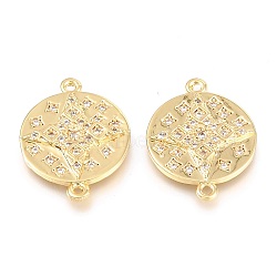 Brass Micro Pave Clear Cubic Zirconia Links Connectors, Long-Lasting Plated, Flat Round with Star, Real 18K Gold Plated, 24x18x2.7mm, Hole: 1.2mm(ZIRC-Z016-22G)