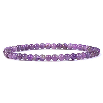 4mm Round Natural Amethyst Beads Bracelet for Men, European and American Retro Simple Versatile Stretch Bracelets, 7-1/2 inch(19cm)