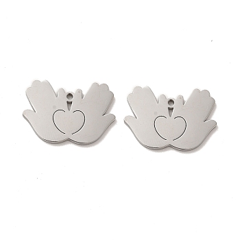 304 Stainless Steel Charms, Hands with Heart, Stainless Steel Color, 15x21.5x1.4mm, Hole: 1.4mm
