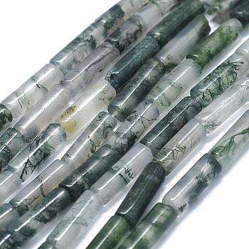 Natural Moss Agate Beads Strands, Column, 11~15x3.5~4.5mm, Hole: 1~1.2mm, about 28~30pcs/strand, 15.1~15.9 inch(38.5~40.5cm)