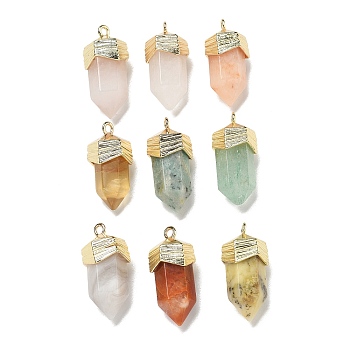 Natural Mixed Stone Faceted Pendants, Sword Shaped Charms with Rack Plating Brass Findings, Golden, Mixed Dyed and Undyed, 21~23x9x10.5mm, Hole: 1.6mm