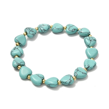 Heart Beads Stretch Bracelet for Girl Women, Synthetic Turquoise & Brass Beads Bracelet, Golden, Inner Diameter: 2-1/4 inch(5.7cm)
