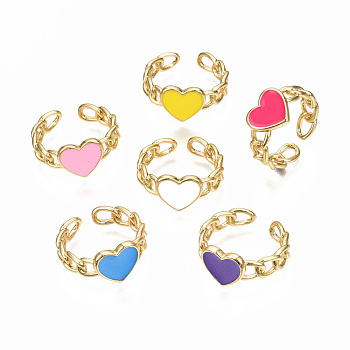 Brass Enamel Cuff Rings, Open Rings, Nickel Free, Curb Chain, Heart, Real 16K Gold Plated, Mixed Color, US Size 8 3/4(18.7mm)