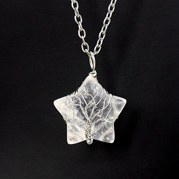 Natural Quartz Crystal Star Pendant Necklace, with Platinum Alloy Chains, 20.87 inch(53cm)