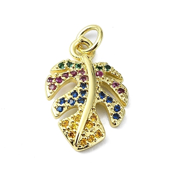 Brass Micro Pave Colorful Cubic Zirconia Pendants, with Jump Ring, Leaf Charm, Real 18K Gold Plated, 19x12.5x2.5mm, Hole: 3mm