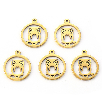 Vacuum Plating 201 Stainless Steel Pendants, Laser Cut, Ring with Owl, Golden, 16.5x14x1mm, Hole: 1.2mm