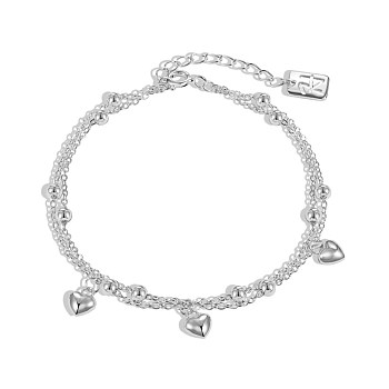 S925 Sterling Silver Satellite Chains Double Layer Multi-strand Bracelets, with Heart Charms, Silver, 6-1/2 inch(16.6cm)