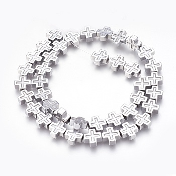 Electroplated Non-magnetic Synthetic Hematite Beads Strands, Polish, Cross, Platinum Plated, 10x10x4mm, Hole: 1mm, about 40pcs/strand, 15.94 inch(40.5cm)