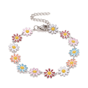Enamel Daisy Link Chains Bracelet, 304 Stainless Steel Jewelry for Women, Stainless Steel Color, Colorful, 7-1/4 inch(18.4cm)