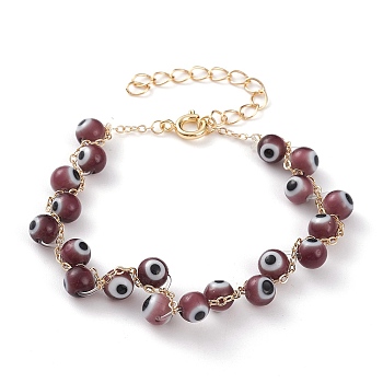 Handmade Evil Eye Lampwork  Beaded Bracelets, with Brass Cable Chains and Spring Ring Clasps, Round, Golden, Purple, 7 inch(17.7cm)