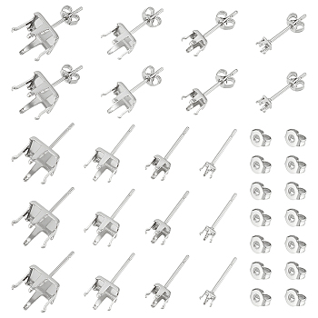 80Pcs 4 Style 304 Stainless Steel Square Stud Earring Settings, Prong Earring Settings for Rhinestone, with 80Pcs Ear Nuts, Stainless Steel Color, 3~9x3~9mm, Pin: 0.8mm, Fit for 3~9mm Rhinestone, 20Pcs/style