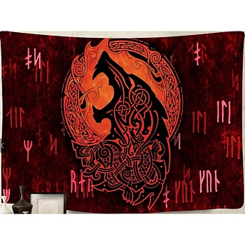 Polyester Viking Wolf Wall Hanging Tapestry, Rectangle Meditation Runes Tapestry for Bedroom Living Room Decoration, Red, 150x130mm