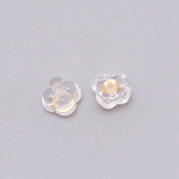 Silicone Ear Nuts, Earring Backs, with Brass Findings, Clover, Golden, 5x5x3.5mm, Hole: 0.6mm