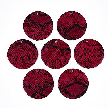 PU Leather Pendants, Flat Round with Snakeskin Pattern, FireBrick, 40x1.5mm, Hole: 2mm
