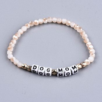 Faceted Round Glass Beads Stretch Bracelets, with Cube Acrylic Letter Beads, Word Dog Mom, Blanched Almond, Inner Diameter: 2-1/8 inch(5.3cm)