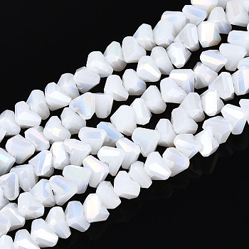 Electroplate Opaque Glass Beads Strands, Triangle, AB Color Plated, Faceted, White, 3~3.5x4~4.5x4~4.5mm, Hole: 0.8mm, about 121~131pcs/strand, 14.37~15.35 inch(36.5~39cm)
