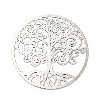 Rack Plating Brass Filigree Pendants, Long-Lasting Plated, Flat Round with Tree of Life, Platinum, 35x0.3mm, Hole: 1.6mm
