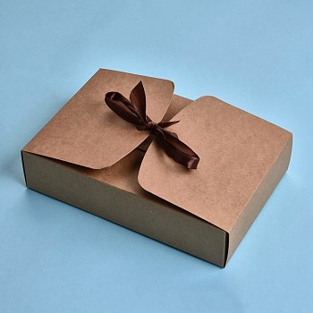 Kraft Paper Gift Box, Folding Boxes, with Ribbon, Bakery Cake Biscuits Box Container, Rectangle, BurlyWood, Unfold: 44.2x34.2x0.03cm, Finished Product: 17.5x11.5x5cm