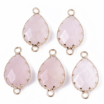 Natural Rose Quartz Links connectors, with Golden Tone Brass Open Back Settings, Faceted, Teardrop, 26.5~27.5x14x6mm, Hole: 2mm