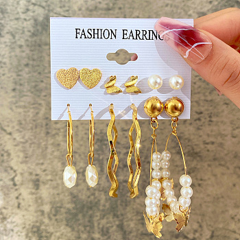 Alloy & Plastic Pearl Earring Sets, Golden, 6~70mm, 6pairs/set