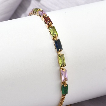 Rectangle 304 Stainless Steel Glass Slider Bracelets, Adjustable Bracelets for Women, Real 18K Gold Plated, Ion Plating(IP), Long-Lasting Plated, Mixed Color, Inner Diameter: 1.38 inch(3.5cm)~2.76 inch(7cm)
