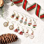 6 Pairs Alloy Enamel Dangle Earrings, Christmas Theme, with Rhinestone, Golden, 31.5~37.5x10.5~16.5mm(EJEW-JE06605)