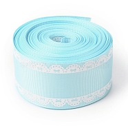 Polyester Printed Grosgrain Ribbon, Single Face Lace Pattern, for DIY Handmade Craft, Gift Decoration , Cyan, 1-1/2 inch(38mm), 10 yards/roll(9.14m/roll)(OCOR-I010-06D)