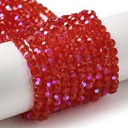 Electroplate Transparent Glass Beads Strands, Faceted, Round, Rainbow Plated, Red, 4mm, Hole: 0.7mm, about 88~95pcs/strand, 12.99~14.06 inch(33~35.7cm)(EGLA-A035-T4mm-L01)