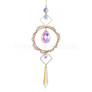 Natural Rose Quartz Chips Hanging Ornaments, Glass Teardrop Hanging Suncatcher, 420mm(G-Z051-01C)