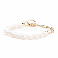 Natural Pearl Beaded Bracelet with Brass Paperclip Chains for Women, Golden, White, 7-5/8 inch(19.5cm)(BJEW-JB07920-01)