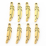 Vacuum Plating 201 Stainless Steel Pendants, Laser Cut, Feather, Golden, 17x4.5x1mm, Hole: 1mm(X-STAS-N092-13G)