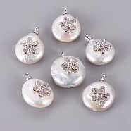 Natural Cultured Freshwater Pearl Pendants, with Brass Cubic Zirconia Cabochons, Long-Lasting Plated, Nuggets with Flower, Real Platinum Plated, Clear, 17~20x13~15x7~8.5mm, Hole: 1.4~1.5mm(PEAR-F008-47P)