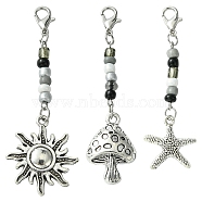 Mushroom/Sun/Starfish Alloy & Glass Pendant Decorations, with Alloy Lobster Claw Clasps, Antique Silver & Platinum, 60~69mm, 3pcs/set(HJEW-YW00006)