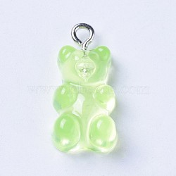 Resin Pendants, with Metal Findings, Bear, Platinum, Pale Green, 21~22x10.5~11.5x6~7mm(RESI-WH0008-09E)