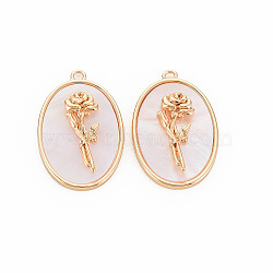 Brass Birth Floral Pendants, Oval with Flower Mother of Pearl White Shell Charms, Nickel Free, Real 18K Gold Plated, June Rose, 27x18x4mm, Hole: 1.8mm(X-KK-S364-288)