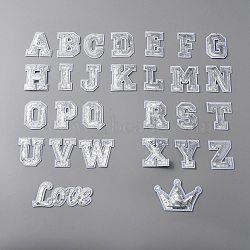 Polyester Clothing Patches, Sequins Appliques, Alphabet, Word Love & Crown, Silver, 43~55x25~111x1~1.5mm, 28pcs/set(DIY-WH0273-69)