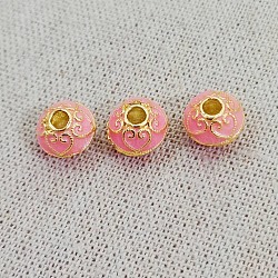 Brass Enamel Beads, Golden, Rondelle with Heart Pattern, Pink, 10mm(PW23030880872)
