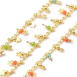 Handmade Brass Link Chain, with Glass Beads, Soldered, with Spool, Real 18K Gold Plated, Yellow Green, 3x1.5x0.3mm and 7.5~8x3.5x2, about 16.40 Feet(5m)/Roll(CHC-E028-05G-04)