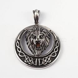 316L Surgical Stainless Steel Big Pendants, Flat Round with Lion, Antique Silver, 56x50x21mm, Hole: 7x12mm(STAS-L186-113AS)
