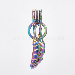 Plated Alloy Bead Cage Pendants, Leaf, Colorful, 37x11.5x10mm, Hole: 4x4.5mm, Inner Measure: 8.5mm(PALLOY-S119-034)
