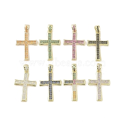 Real 18K Gold Plated Brass Micro Pave Cubic Zirconia Pendants, Cross, Mixed Color, 28x18x2mm, Hole: 2.7x4mm(KK-A209-20G)