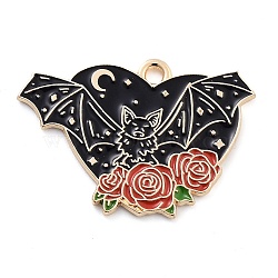 Halloween Alloy Enamel Pendants, Light Gold, Bat Charm, Heart, 19.5x28x1mm, Hole: 1.5mm(FIND-M019-02B)