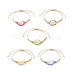 5Pcs 5 Color Natural Cowrie Shell & Glass Seed & Lampwork Evil Eye Braided Bead Bracelets Set, Adjustable Lucky Bracelets for Women, Mixed Color, Inner Diameter: 2-1/2~3-5/8 inch(6.5~9.2cm), 1Pc/color(BJEW-TA00198)